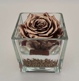 Cubo di vetro con rosa stabilizzata oro