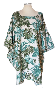 MD-ULSM LeinenMix Lagenlook Longshirt Überwurf Shirt Palmen Grün (09385)