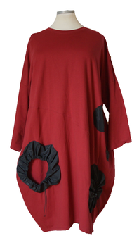 Lagenlook Ballon BigSmall-Ring Kleid Tunika Rot-Schwarz(09216)