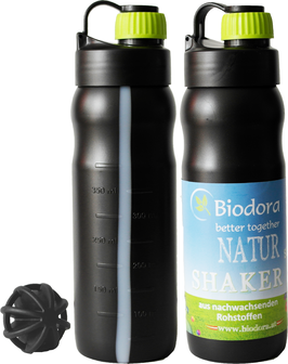 Biodora Shaker Flasche 0,5 Lt. mit Shakerkugel und Skala aus nachwachsenden Rohstoffen