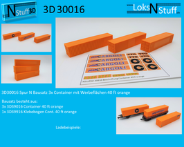 3D30016 Spur N Bausatz 3x Container mit Werbeflächen 40 ft orange
