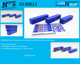 3D30012 Spur N Bausatz 3x Container mit Werbeflächen 40 ft blau