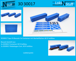 3D30017 Spur N Bausatz 3x Container mit Werbeflächen 40 ft hellblau