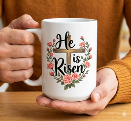 Brand New "He Is Risen" Premium Ceramic Christian Mug (15 oz, White) 全新“主已经复活”马克杯15盎司白色