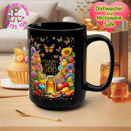 与神同行蜂蜜水果花马克杯15盎司黑色基督教马克杯礼品 Walking With God Honey Fruit Flower Mug 15oz Black Christian Mug Gift