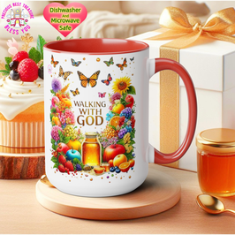 与神同行蜂蜜水果花马克杯15盎司五色基督教马克杯礼品 Walking With God Honey Fruit Flower Mug 15oz Five Colors Christian Mug Gift