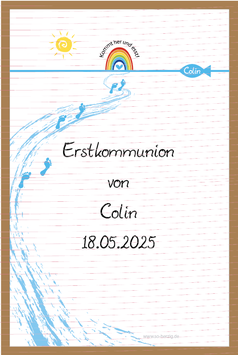Menükarte/Tischaufsteller Kraftkarton - für die Kommunion/Konfirmation, Design Kommt her und esst/Regenbogen