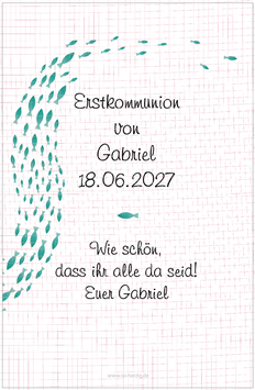 Menükarte/Tischaufsteller Karton Weiß - für die Kommunion/Konfirmation, Design Fischschwarm