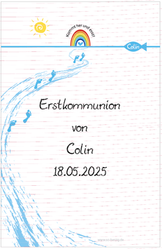 Menükarte/Tischaufsteller Karton Weiß - für die Kommunion/Konfirmation, Design Kommt her und esst/Regenbogen