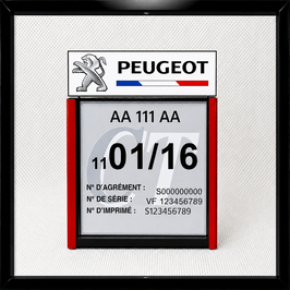 Réf. : 0010   ///   Un Porte certificat Contrôle  Technique auto avec dessin Peugeot France  (fond noir)
