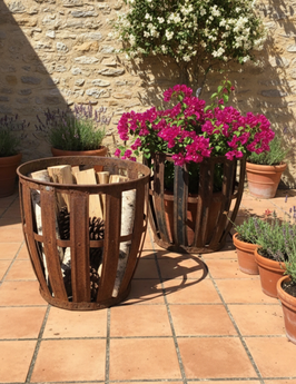 2er Set alter Flaschenkörbe aus Eisen Holzkorb Gartendeko 2605