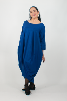 Ballonkleid in großer Größe/ Blaues Kleid mit Kimonoärmeln aus Baumwolljersey in Einheitsgröße mit Taschen