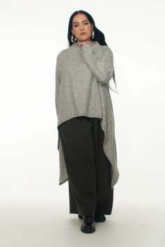 graumelierter Turtleneck Pullover mit asymmetrischen Saum, Strickpullover aus Baumwolle
