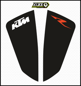 kit 2 caches phares microperforés DJS pour KTM Duke 250 / 390 Adventure (2020-2024). - réf 001 - fond noir  logo orange et blanc