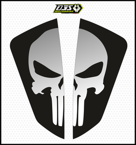 kit 2 caches phares microperforés DJS pour KTM Duke 250 / 390 Adventure (2020-2024). - réf 002 Punisher - fond noir logo gris