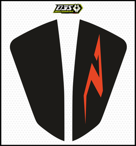 kit 2 caches phares microperforés DJS pour KTM Duke 250 / 390 Adventure (2020-2024) - réf 002 - fond noir logo orange
