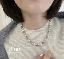 K008 / Perlenkette 8mm, Süsswasserperlen, Länge 44 cm, Beige/braun/silber