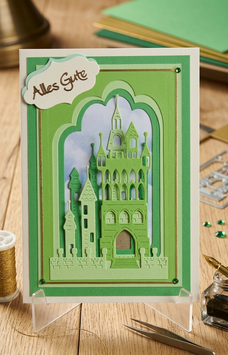 3D-Grußkarte „Magische Burg“ – Handgemachte Glückwunschkarte mit „Alles Gute“ Grün