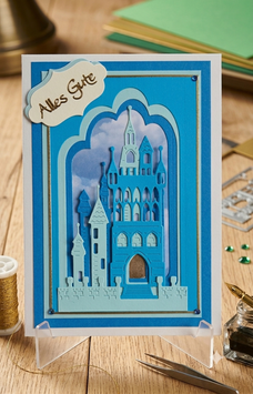 3D-Grußkarte „Magische Burg“ – Handgemachte Glückwunschkarte mit „Alles Gute“ Blau