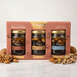 3 × 150 g Honig mit Nüssen Geschenkbox – Meligyris Kreta