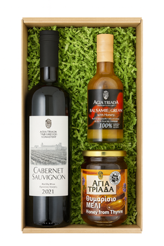 Kloster Agia Triada Kreta – Geschenkbox | Rotwein Cabernet Sauvignon 0,75 l, 450 g Thymianhonig & 200 ml Orangen-Balsamico