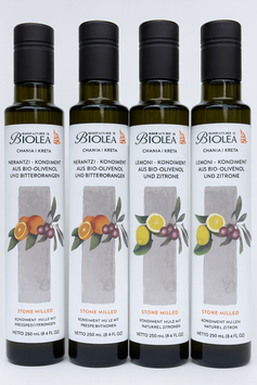 BIOLEA Kolymbari Kreta – Sparpaket BIO Olivenöl 4×250 ml | 2× Narantzi-Orangen & 2× Limone, Extra Nativ, Steingemahlen & Kaltgepresst