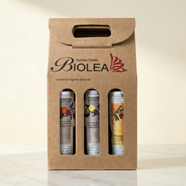 BIOLEA Kolymbari Kreta – Geschenkbox Olivenöl Trio 3×250 ml | Limone, Narantzi-Orangen & Klassik, Extra Nativ, Steingemahlen & Kaltgepresst