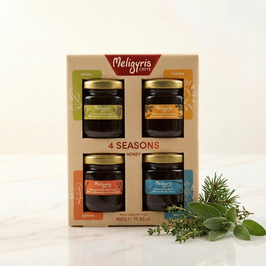 4 × 120 g Exklusive Honig-Geschenkbox „Vier Jahreszeiten“ – Meligyris Kreta