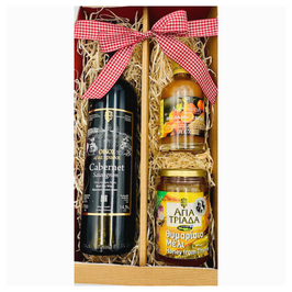 Kloster Agia Triada Kreta – Geschenkbox | Rotwein Cabernet Sauvignon 0,75 l, 450 g Thymianhonig & 200 ml Orangen-Balsamico