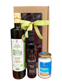 Agia Triada Geschenkbox – BIO Olivenöl, Balsamico mit Thymianhonig & Fleur de Sel aus Kreta