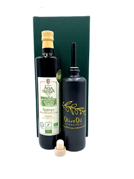 Mediterrane Lebensmittel Geschenkbox- 750ml Flasche Premium Olivenöl Agia Triada-Kreta+500ml Keramikflasche mit Ausgießer
