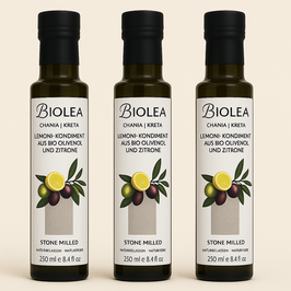 BIOLEA Bio Olivenöl mit Limone – Kolymbari Kreta, 3×250 ml Sparpaket | Extra Nativ, Steingemahlen & Kaltgepresst