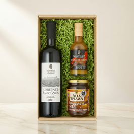 Kloster Agia Triada Kreta – Geschenkbox | 0,75 l BIO Olivenöl Extra Nativ, 450 g Thymianhonig & 200 ml Orangen-Balsamico