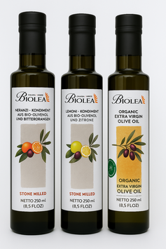 BIOLEA Kolymbari Kreta – BIO Olivenöl Trilogie 3×250 ml Flaschen | Extra Nativ, Steingemahlen & Kaltgepresst