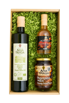 Kloster Agia Triada Kreta – Geschenkbox | 0,75 l BIO Olivenöl Extra Nativ, 450 g Thymianhonig & 200 ml Orangen-Balsamico
