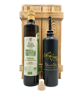 Kloster Agia Triada Kreta – Geschenkbox Olivenöl Extra Nativ in Holzkiste | 750 ml Flasche + 500 ml Keramikflasche mit Ausgießer