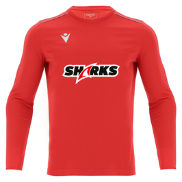 MACRON Rigel Hero Shooting Shirt unisex rot langarm mit Sharks-Logo und Wunschname