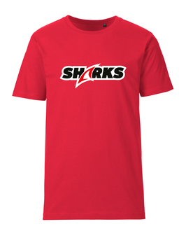 HSV T-Shirt unisex rot mit Sharks-Logo und Wunschname