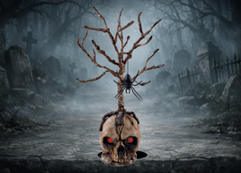 Leuchtender Totenkopf mit Baum und Spinne