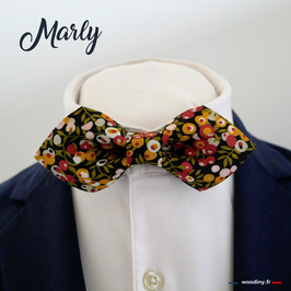 Noeud papillon fleuri vert jaune et rouge "Marly" - forme en pointe