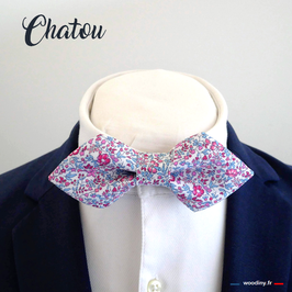 Noeud papillon liberty rose et bleu "Chatou" - forme en pointe