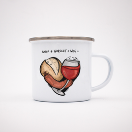 Emailletasse "Weck + Worscht + Woi = <3"