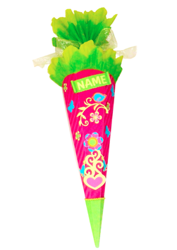 Schultüte Blume und Vogel in pink, mittelblau und hellgrün