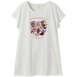 ラディカ・クマーリちゃんデザイン「象と花」ミニ丈Tシャツワンピース・レディース（Mサイズ ）バニラホワイト （文字あり、学校名・HP）