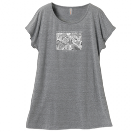 ディワーカル君デザイン「草と花」ミニ丈Tシャツワンピース・レディース（Mサイズ ）グレイ（文字あり、学校名・HP）