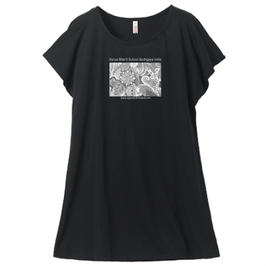 ディワーカル君デザイン「草と花」ミニ丈Tシャツワンピース・レディース（Mサイズ ）ブラック（文字あり、学校名・HP）