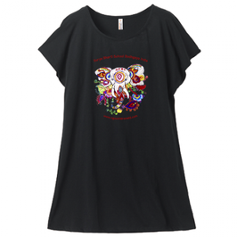 ラディカ・クマーリちゃんデザイン「象と花」ミニ丈Tシャツワンピース・レディース（Mサイズ）ブラック（文字あり、学校名・HP）