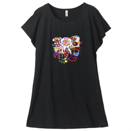 ラディカ・クマーリちゃんデザイン「象と花」ミニ丈Tシャツワンピース・レディース（Mサイズ）ブラック