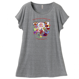 ラディカ・クマーリちゃんデザイン「象と花」ミニ丈Tシャツワンピース・レディース（Mサイズ ） グレイ（文字あり、学校名・HP）