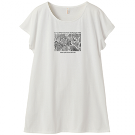 ディワーカル君デザイン「草と花」ミニ丈Tシャツワンピース・レディース（Mサイズ ）バニラホワイト（文字あり、学校名・HP）